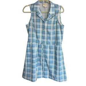 Birdie Social Wear Womens Dress Size XL Blue Plaid Pockets Mini Drawstring